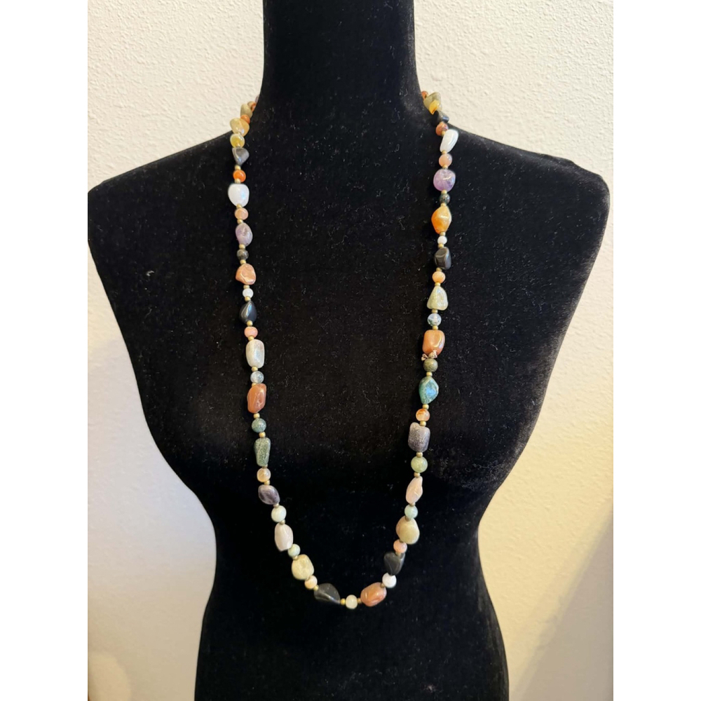 Long Mixed Gemstone Beaded Necklace Artisan Boho Natural Stone 3.6oz